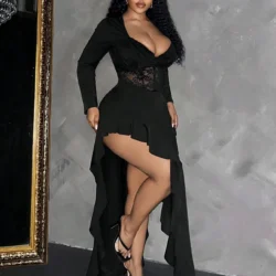 Plus Size Womens Dress Long Sleeve Deep V Lace Corset High Low Ruffle Bodycon Dress Sexy Spring Summer Glam Party Stretchy Dress