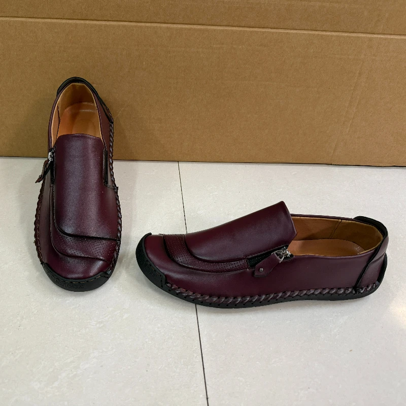 Handmade Men Casual Shoes Outdoor Leather Shoes Soft Sole Zipper Men Shoes Slip on Driving Shoe High Quality Breathable Loafers - Image 8