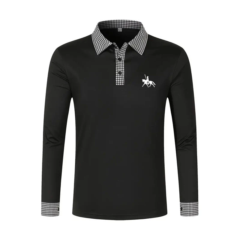 Men's Houndstooth Patchwork Long Sleeve Polo Shirt Classic Casual Business Tops Breathable Lightweight Knitwear for Spring Fall - Image 10