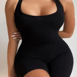 Plus Size New Summer Fashion Black Halter Sporty Jumpsuit, Women's Oversized Solid Color Sexy Body-Con Backless Clothing