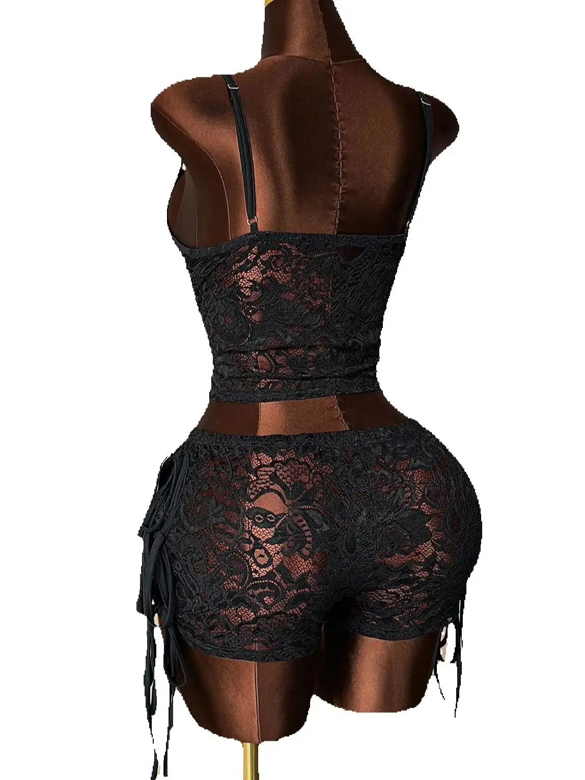 Plus Size Sexy Black Lace 2 Piece Outfit, Deep V Neck Tie‑Front Cami Top And Drawstring Side Shorts Set, Y2K Nightclub Party Bod - Image 7