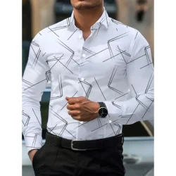 Men's Trendy Geometric 3D Line Print Long-Sleeved Shirt Men's Button up Shirt Casual Fashion Male White Shirt Lapel Shirt Tops