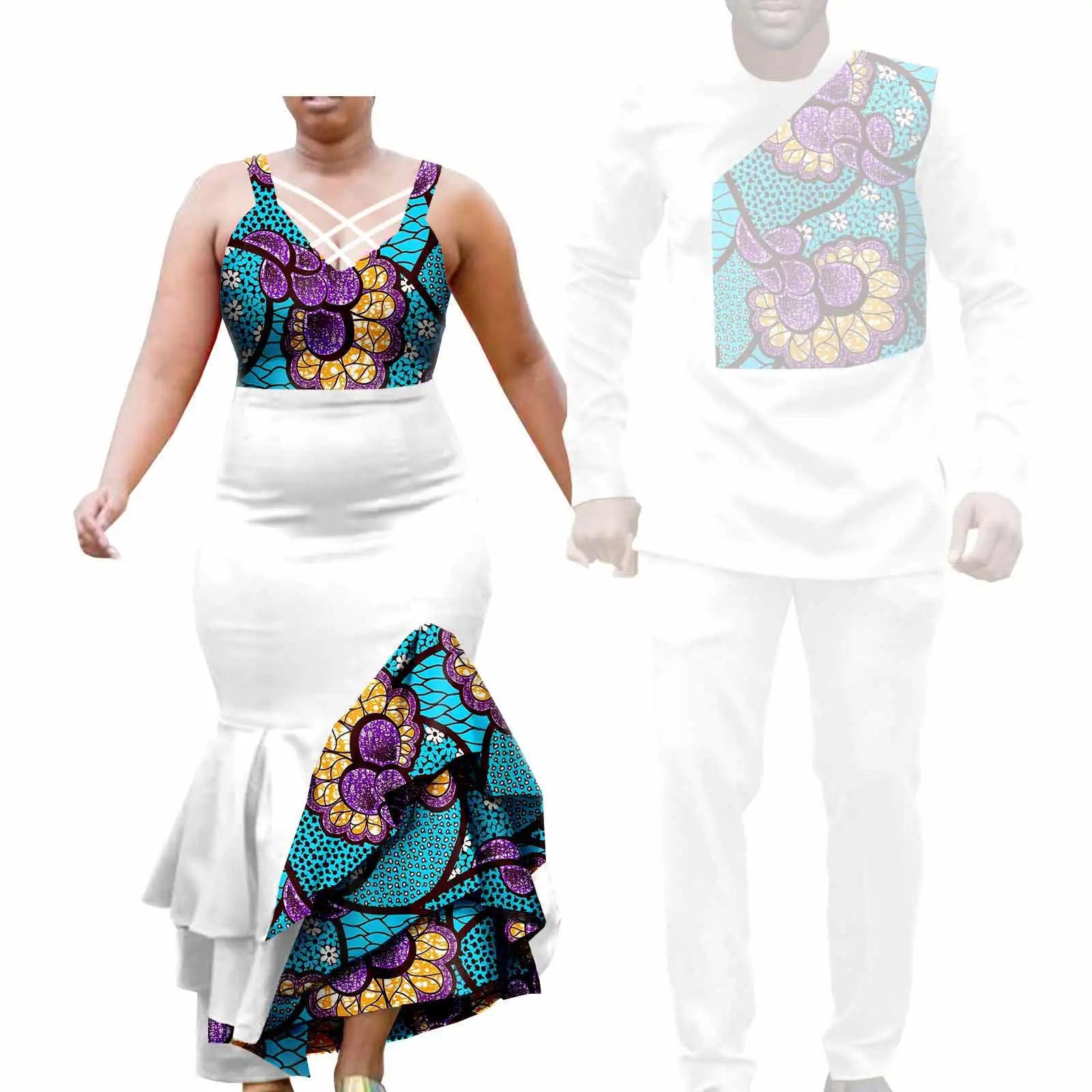 African Clothes for Couple Print Long Dresses for Women Dashiki Men Outfits Shirts and Pants 2 Piece Sets for Wedding A21C005 - Image 12
