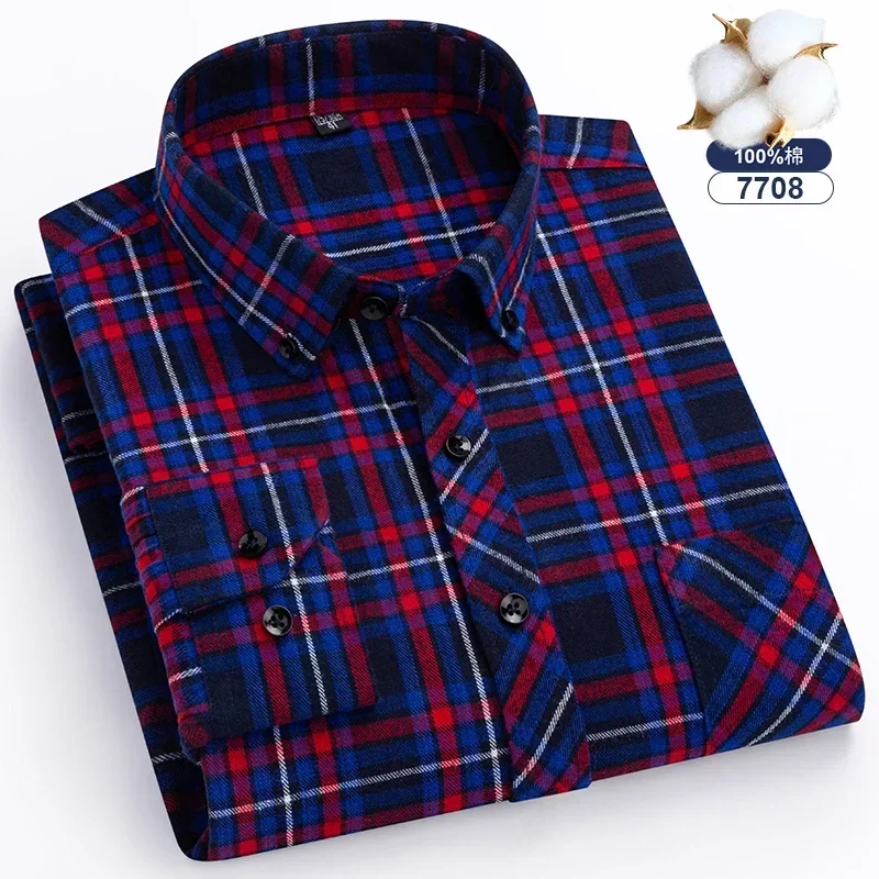 Autumn Winter Standard-Fit Thick Flannel Plaid Shirts for Men Long Sleeve Pure Cotton Shirt Patch Pocket Design Streetwear - Image 12