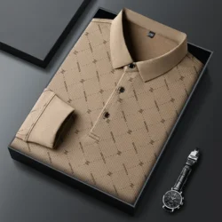 New Men's Business Casual Long Sleeved Shirt with Badge Solid Color Polo Shirt Fashionable Breathable Comfortable Versatile Top