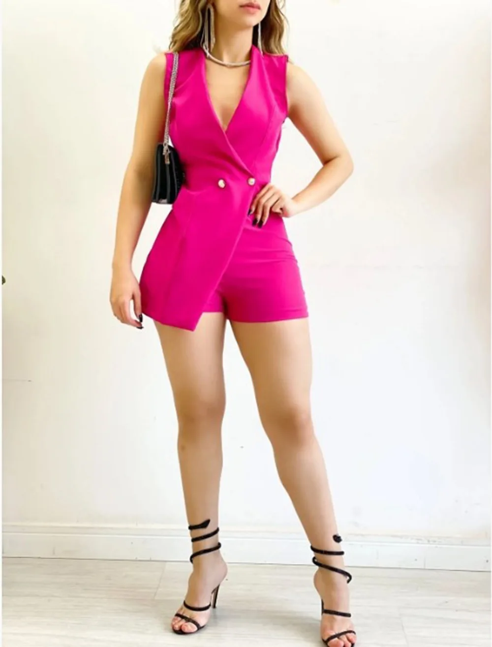 Woman Short Jumpsuit Summer 2024 Solid Color Sleeveless Slim Fit Sexy Fashion Elegant High Waist Office Jump Suit for Female - Image 3