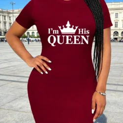 Women's Casual 'I'M HIS QUEEN' Theme Letter and Geometric Pattern Print Long-Sleeved T-Shirt Dress - Round Neck Short Sleeves, L