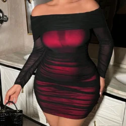 plus Size Slimming One Shoulder Pleated Tulle Dress Trendy Streetwear Tight Butt-hugging Skirt for Sexy Girls
