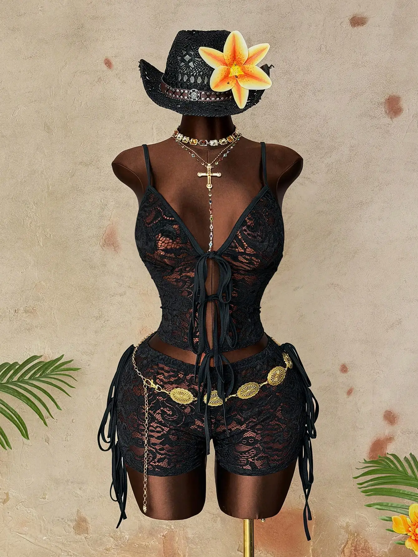 Plus Size Sexy Black Lace 2 Piece Outfit, Deep V Neck Tie‑Front Cami Top And Drawstring Side Shorts Set, Y2K Nightclub Party Bod - Image 3