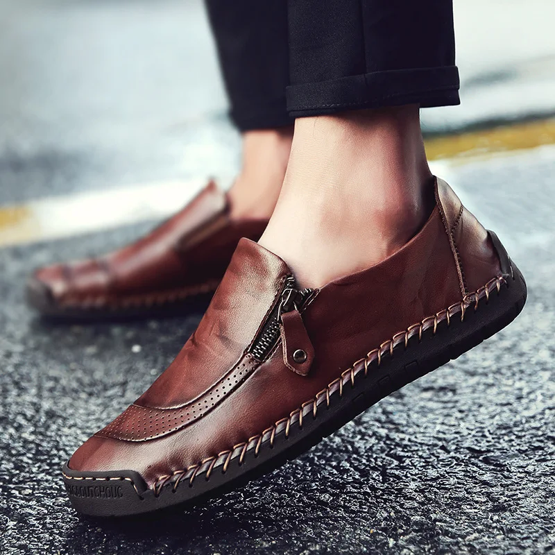 Handmade Men Casual Shoes Outdoor Leather Shoes Soft Sole Zipper Men Shoes Slip on Driving Shoe High Quality Breathable Loafers - Image 5