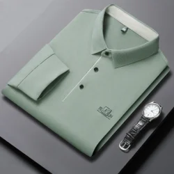 New Men's Business Casual Long Sleeved Shirt with Badge Solid Color Polo Shirt Fashionable Breathable Comfortable Versatile Top