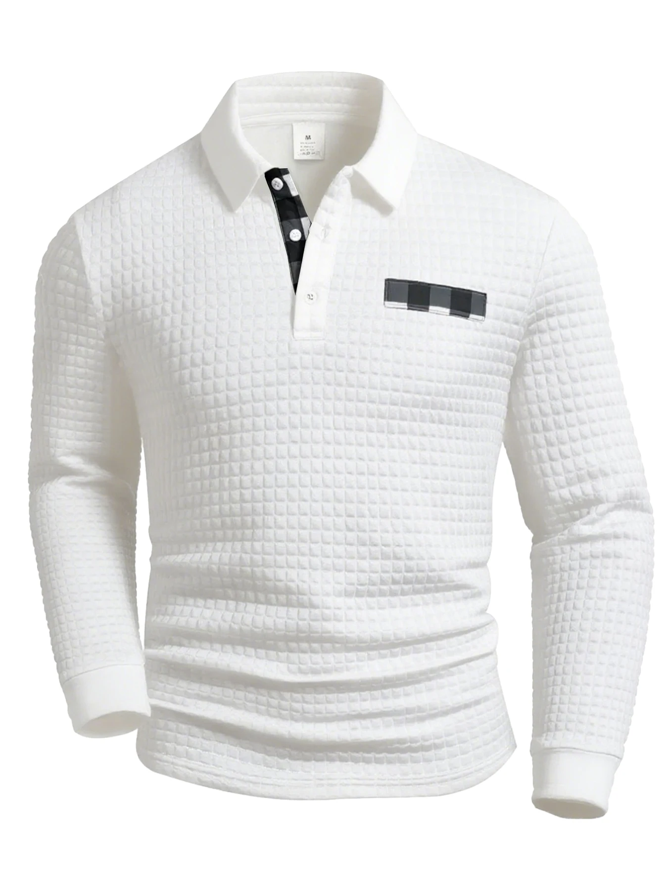 Men's Polo Shirts Square Plaid Texture Fabric Solid Color Mens Long Sleeve Tops Button Checkered Patchwork Henley Collar - Image 2