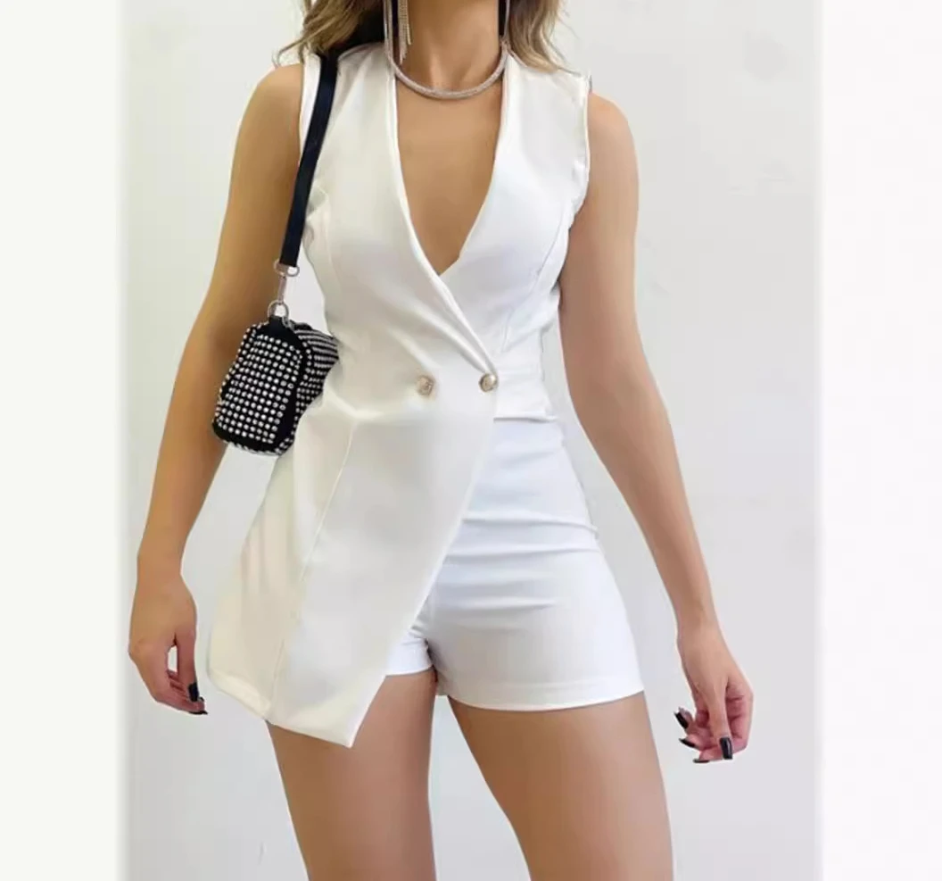 Woman Short Jumpsuit Summer 2024 Solid Color Sleeveless Slim Fit Sexy Fashion Elegant High Waist Office Jump Suit for Female - Image 2