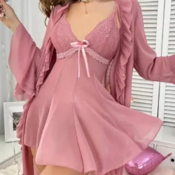 Sexy Lingerie Large-sized 200-pound Overweight Lady's Sexy Pajama Set with Suspenders Sheer Transparent Nightgown and Lace Trim