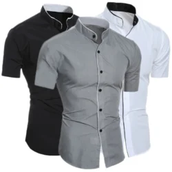 Summer Men's Stand Collar Solid Color Block Short Sleeve Casual Fashion Single Breasted Contrast Shirt