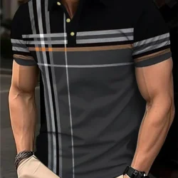 Simple Striped Polo Shirts For Men Summer Casual Short Sleeve 3D Printed Business Polo Shirt Loose Breathable Daily Wear Tees