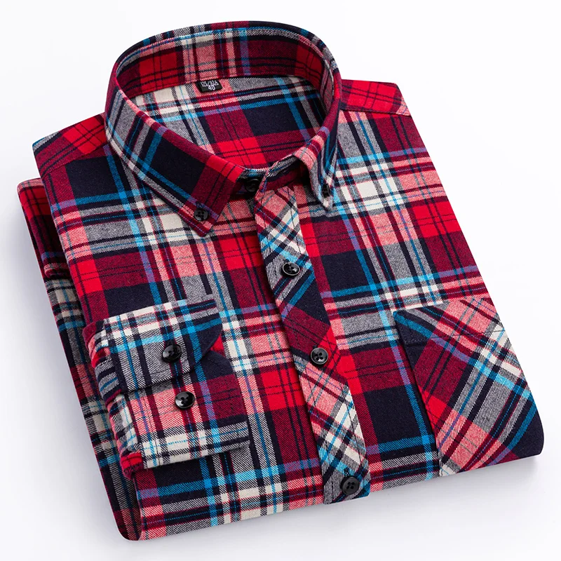 Autumn Winter Standard-Fit Thick Flannel Plaid Shirts for Men Long Sleeve Pure Cotton Shirt Patch Pocket Design Streetwear - Image 16