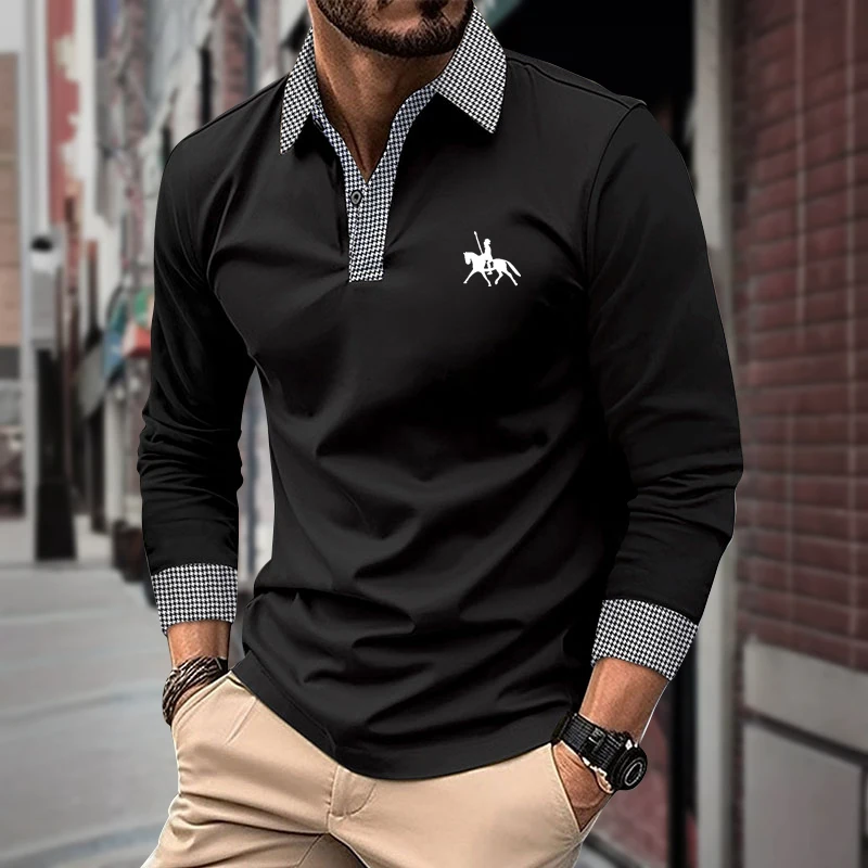 Men's Houndstooth Patchwork Long Sleeve Polo Shirt Classic Casual Business Tops Breathable Lightweight Knitwear for Spring Fall - Image 5