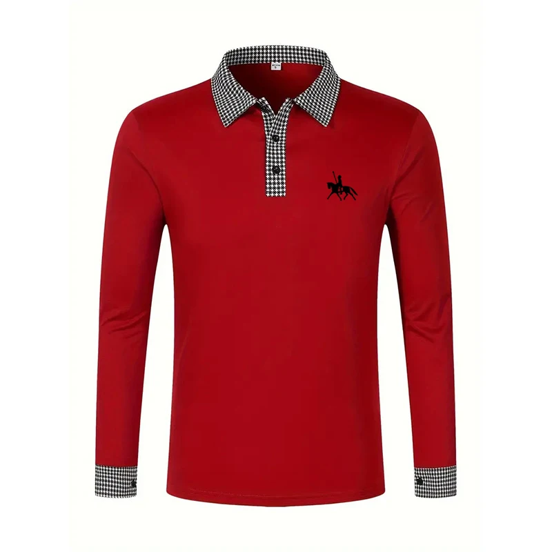 Men's Houndstooth Patchwork Long Sleeve Polo Shirt Classic Casual Business Tops Breathable Lightweight Knitwear for Spring Fall - Image 9