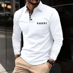 Men's Long Sleeve Polo Shirt Casual Slim Fit Turn Down Collar Top High Quality European American Fashion Tops Spring Summer