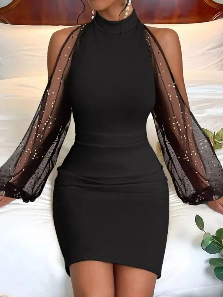 Women's Long Sleeve High Neck Bodycon Dress with Floral Lace Bell Sleeves for Party Evening Wear - Image 6