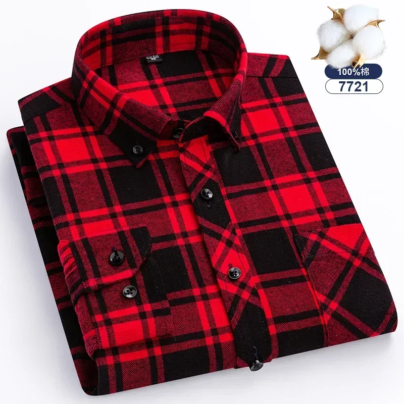 Autumn Winter Standard-Fit Thick Flannel Plaid Shirts for Men Long Sleeve Pure Cotton Shirt Patch Pocket Design Streetwear - Image 10