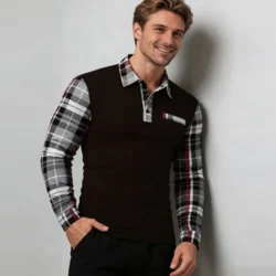 Men's Checkered Long Sleeved Polo Shirt, Casual Spring New Style, Lapel T-Shirt Fashionable Business Sports Long Sleeved T-Shirt