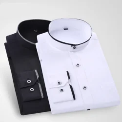 Men's Stand Up Collar Shirt Classic Round Neck Slim Fit Vertical Collar Long Sleeved White Shirt