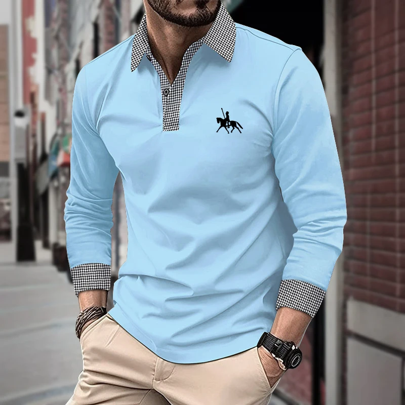 Men's Houndstooth Patchwork Long Sleeve Polo Shirt Classic Casual Business Tops Breathable Lightweight Knitwear for Spring Fall - Image 6