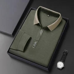 2025 Waffle Men's Long Sleeve T-shirt Spring Lapel Business Casual Polo Shirt Elastic Base Shirt Top New Men Clothes