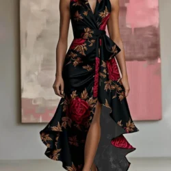 Women's Halter V Neck Sleeveless Maxi Dress Floral Print Wrap Design High Low Split Ruffle Hem Slim Ladies Dress