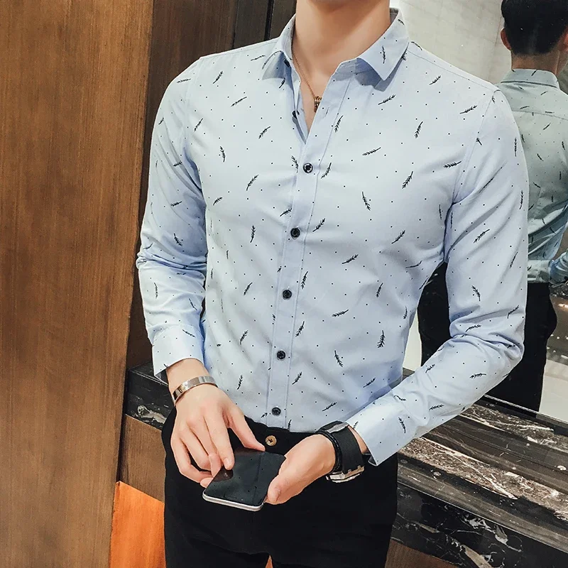 Feather Print Men Casual Shirt 2020 Spring Autumn Long Sleeve Slim Business Shirt High Quality Formal Office Buttons Shirt Homme - Image 5