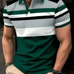 Men's Summer Short Sleeve Polo Shirts, Classic Striped Print Sporty Top, Fashionable Lapel Button-Up Men's Polo Shirts