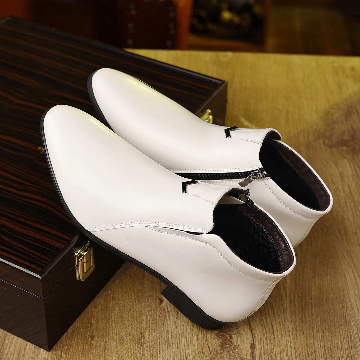 English Pointed Leather Shoes Mens High Top Chelsea Boots PU Leather Medium Top White Ankle Boots Non-Slip Zipper Men Boots - Image 2