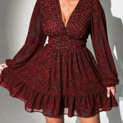 New Sexy V-Neck Leopard Print Long-Sleeve Dress Plus Size Women Clothing American Slim A-Line Skirt Elegant Party Evening Dress