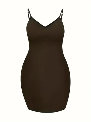 Plus Size Autumn Solid Casual Dress Women's Adjustable Suspender V Neck Slight Stretch Sexy Short Dress - Image 9