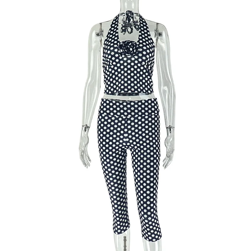 Polka Dot Print Pants Sets Women Sexy Hot Girl 3D Flowers Halter Neck Cropped Top Trousers Two Piece Set Fashion Streetwear Suit - Image 6