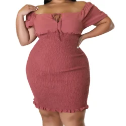 Women Plus Size Dress Solid Color Off Shoulder Short Sleeve Casual Dress Summer Fashion Bodycon Dress