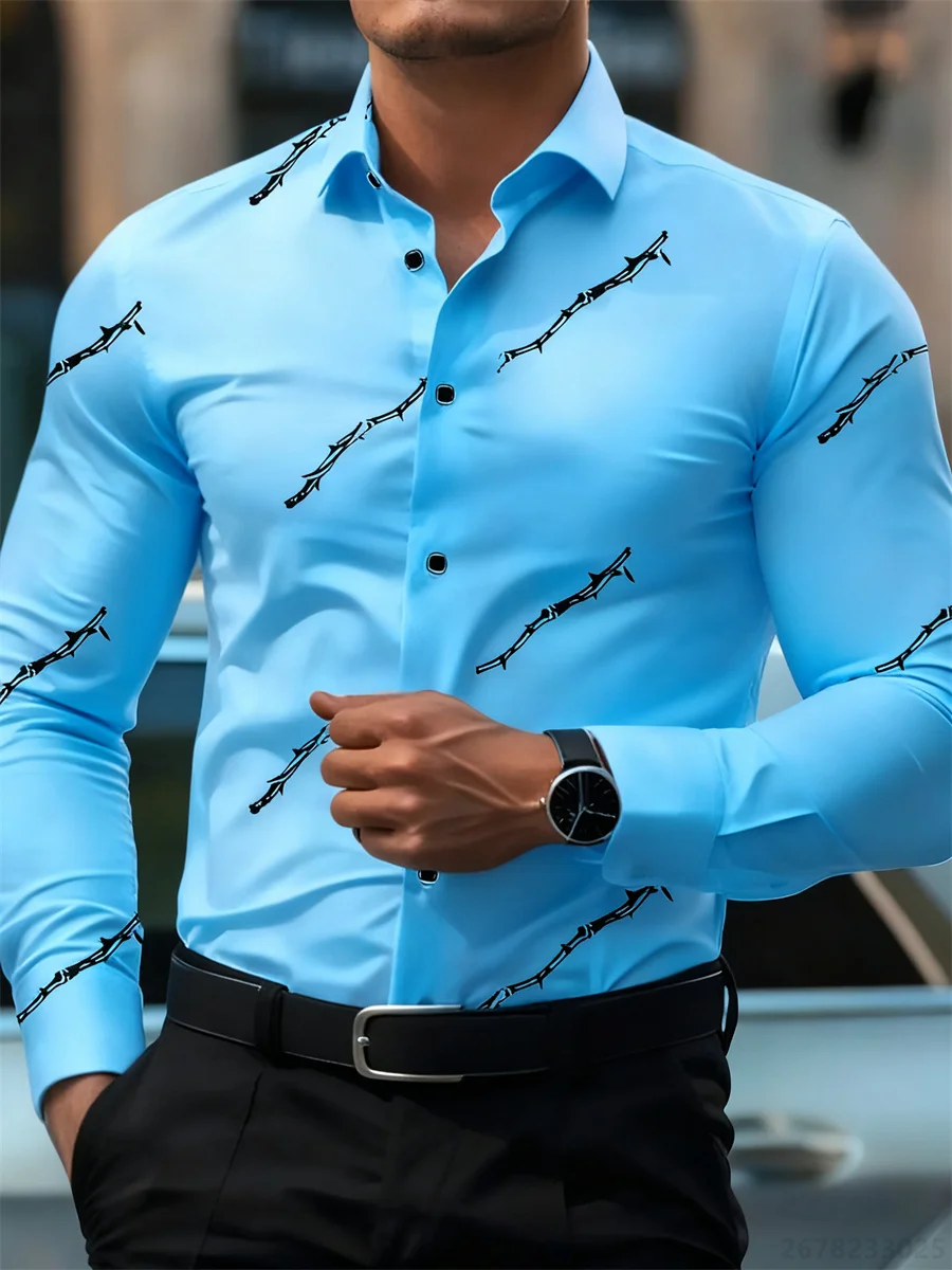Men's personalized thorn print long-sleeved shirt. Business casual style, fashionable design, versatile and non-iron shirt. - Image 2