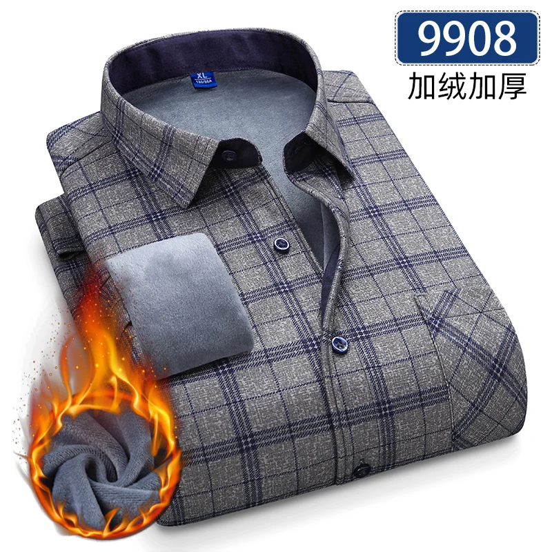 Autumn Winter Thicken Fleece Shirts For Men Business Plaid Shirt Long Sleeve Warm Clothes Male Single Pocket Classic Check Shirt - Image 22