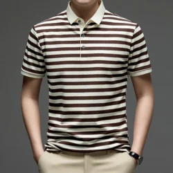 Mens Striped Polo Shirt Short Sleeve Classic Collar Breathable Casual Top For Daily Wear And Summer