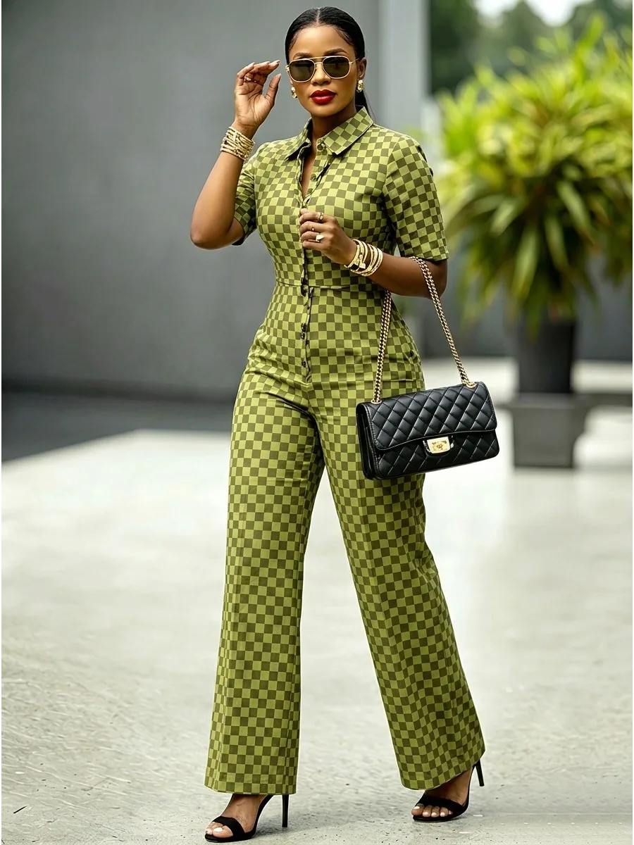 Modigirl Women Checkerboard Print Jumpsuit Lapel Collar Short Sleeve High Waist Wide Leg Rompers Casual Streetwear Jumpsuits - Image 5