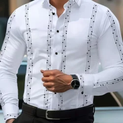 Men's Striped & Polka Dot Print Long Sleeve Shirt Slim Fit Business Casual Blouse