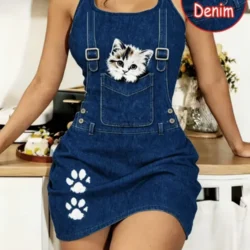 Women’s Spring and Summer Casual Home Wear, Tailored Waistcoat with Sleep Dress, Faux Denim, cartoon Cat Print, Sleeveless Sleep