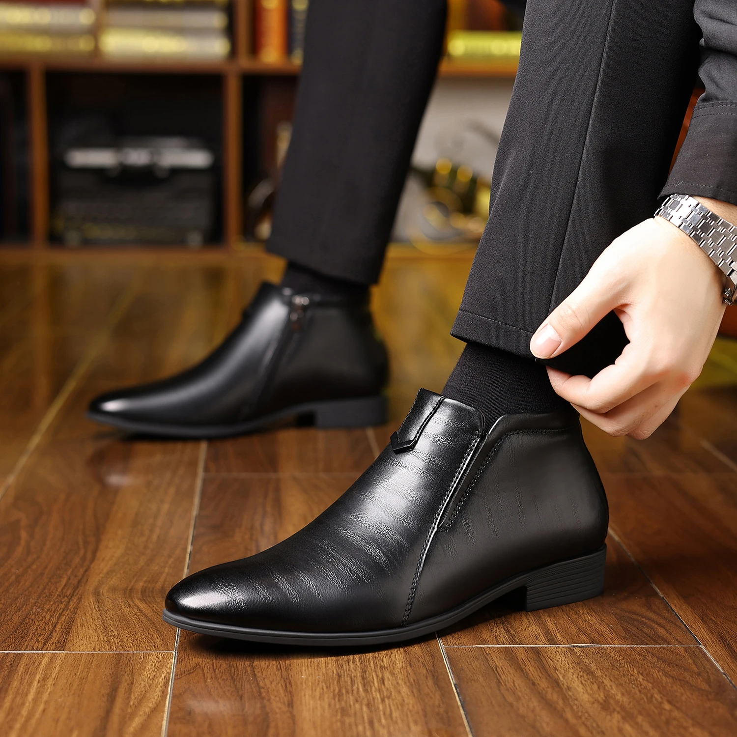 English Pointed Leather Shoes Mens High Top Chelsea Boots PU Leather Medium Top White Ankle Boots Non-Slip Zipper Men Boots - Image 6