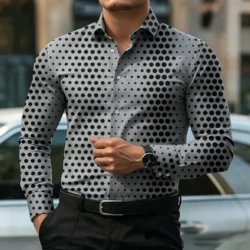 Men's Printed Long-Sleeve Shirt Fashion Slim-Fit Button Casual Top