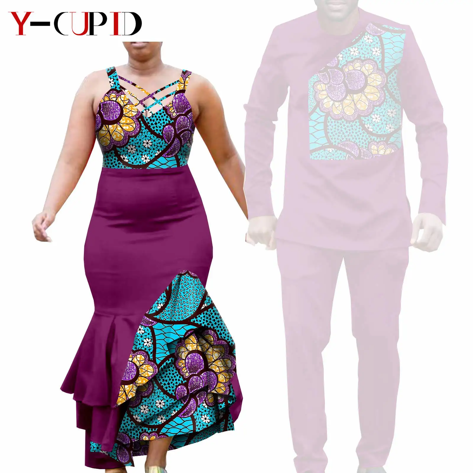 African Clothes for Couple Print Long Dresses for Women Dashiki Men Outfits Shirts and Pants 2 Piece Sets for Wedding A21C005 - Image 22