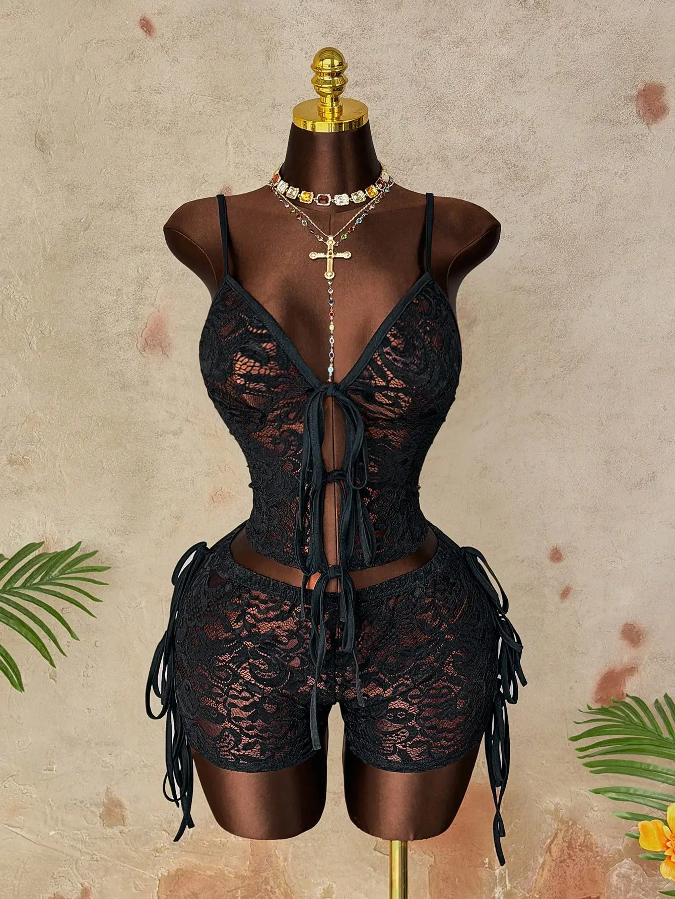 Plus Size Sexy Black Lace 2 Piece Outfit, Deep V Neck Tie‑Front Cami Top And Drawstring Side Shorts Set, Y2K Nightclub Party Bod - Image 6