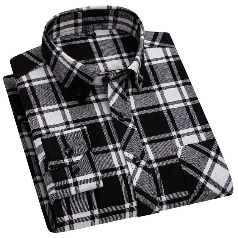 Autumn Winter Standard-Fit Thick Flannel Plaid Shirts for Men Long Sleeve Pure Cotton Shirt Patch Pocket Design Streetwear - Image 5