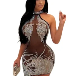 Sexy Mesh Rhinestone Short Prom Evening Mini Dress See Through Outfits Luxury For Women Night Club Party Diamond Bodycon Dresses
